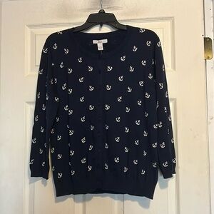 Bass Navy Blue and White Anchor Nautical Cardigan Size Large